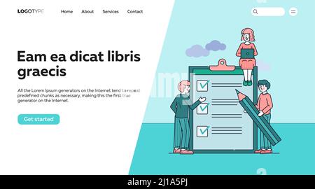 Uomini d'affari in piedi alla clipboard con checklist flat vettoriale illustrazione. Riempimento delle caselle di controllo con segni a matita. Sondaggio online, pianificazione e. Illustrazione Vettoriale