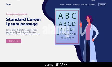 Oftalmologo con scheda di prova. Controllo della vista, test, medico ufficio flat vettore illustrazione. Concetto di assistenza sanitaria, visione, cura degli occhi per striscioni, w Illustrazione Vettoriale