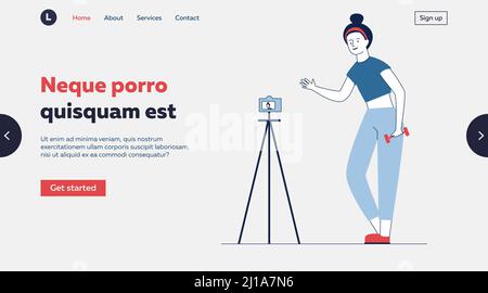 Video di registrazione dell'addestratore di idoneità in linea. Donna con dumbbells saluto a macchina fotografica piatta vettore illustrazione. Blogger, stile di vita, Internet business concep Illustrazione Vettoriale