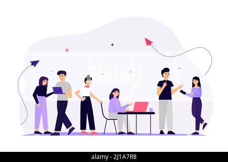 Il team aziendale comunica tramite l'illustrazione vettoriale piatta dei social media. Persone in ufficio che utilizzano telefoni cellulari, computer portatili, tablet per il networking e il chatt Illustrazione Vettoriale