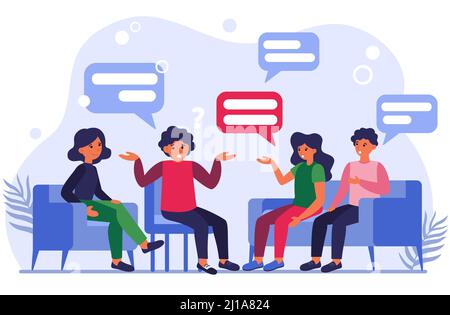 Illustrazione vettoriale piatta per terapia di gruppo. Uomini e donne in sessione psicologo parlando di problemi. Supporto medico e dipendenza e psicoterapia Illustrazione Vettoriale