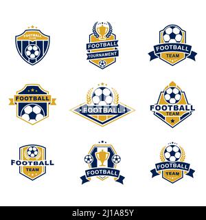 Set di modelli emblemi della squadra di calcio. Badge e loghi con palla da calcio, torneo, club, araldica, coppa. Illustrazione vettoriale per sport, gioco, matematica, be Illustrazione Vettoriale