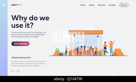 Felice gente che si diverte a rock concerto flat vettore illustrazione. Open festival all'aria aperta. Musicisti che suonano musica al parco. Stile di vita, musica e it Illustrazione Vettoriale