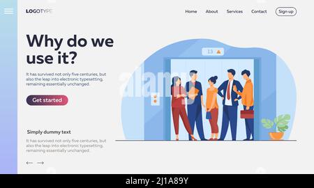 Dipendenti che utilizzano un ascensore per uffici. Uomini d'affari in cabina ascensore con porte aperte. Illustrazione vettoriale per l'architettura, business i Illustrazione Vettoriale