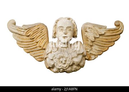 Angel Cherub Bas-Relief su sfondo bianco. Dettagli architettonici. Bassorilievo di un cherubino con ali. Foto Stock