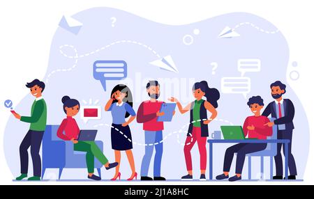 Le persone che comunicano tramite l'illustrazione vettoriale piatta dei social media. Team aziendale che utilizza telefoni cellulari, computer portatili, tablet per il networking e le chat. Cifra Illustrazione Vettoriale