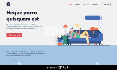 Giovane uomo che si rilassa sul divano sotto aria condizionata flat vettore illustrazione. Fumetto in camera fredda che chiacchiera via smartphone. Tecnologia digitale e Illustrazione Vettoriale