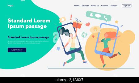 Clienti che condividono riferimenti e guadagnano denaro. Utenti di telefoni cellulari che chattano, scambiano regali. Illustrazione vettoriale per indicare un amico, referenti, loy Illustrazione Vettoriale