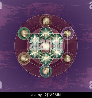 Cubo di Metatron, fiore della vita. Geometria sacra d'oro. Vecchio Vintage Mystic icona platonica solidi Merkabah, disegno geometrico colorato cerchi segno Illustrazione Vettoriale