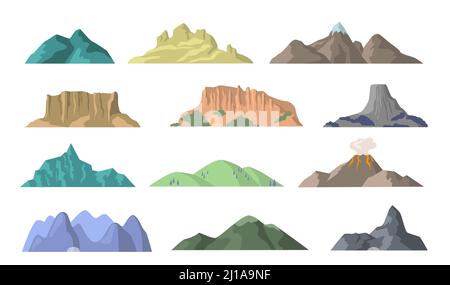 Cartoon montagne elementi vettoriali piatti. Set di illustrazioni per la cima della montagna, la cima della collina e i motivi del vulcano per il design. Natura paesaggio, turismo, arrampicata Illustrazione Vettoriale
