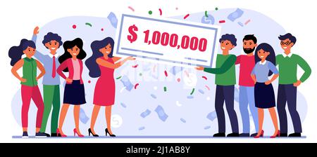 La gente felice vince il premio di soldi. Assegno bancario per un milione di dollari, jackpot, concessione flat vettore illustrazione. Fortune, fortuna, concetto di lotteria per bann Illustrazione Vettoriale