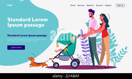Moglie e marito che camminano con il bambino in pram e cane. Coppia passeggiando con bambino e animale domestico piatto vettore illustrazione. Famiglia e parenting, animale domestico conce Illustrazione Vettoriale
