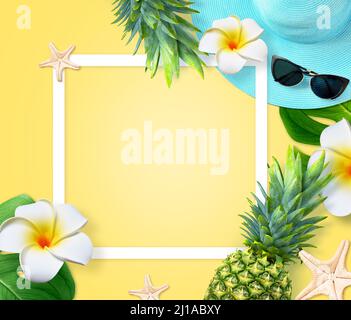 Concetto di sfondo estivo. Vista dall'alto con stelle marine, ananas, cappello, fiori e foglie di monstera su sfondo giallo. Foto Stock