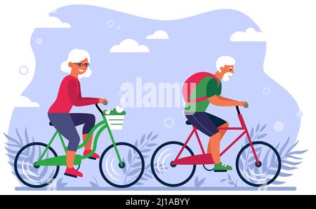 Vecchia coppia su moto in parco flat vettoriale illustrazione. Cartone animato nonno felice e nonna in bicicletta sulla natura insieme. Attività per anziani e stile di vita con Illustrazione Vettoriale