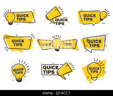 Raccolta di etichette piatte Quick Tips. TRICKS soluzione loghi e consigli utili insieme di illustrazioni vettoriali. Informazioni su suggerimenti e promemoria Illustrazione Vettoriale