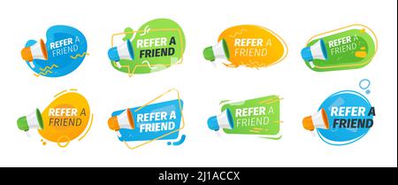 Segnala una raccolta di icone piatte di un amico. Poster del programma di riferimento dinamico per il set di illustrazioni vettoriali persone. Adesivi con altoparlante. Marketing sociale Illustrazione Vettoriale