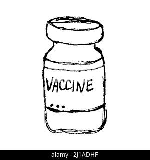 Covid-19 vaccino doodle, un vettore disegnato a mano doodle illustrazione di una bottiglia di vaccino del coronavirus isolato su sfondo bianco. Illustrazione Vettoriale