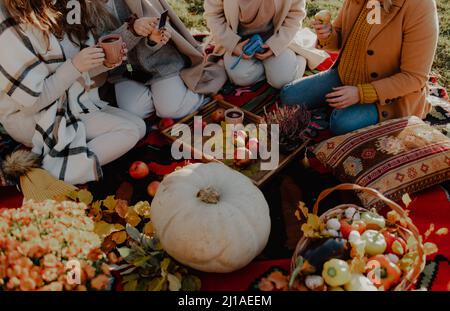 Un gruppo di amici che hanno un picnic autunnale con verdure diverse, frutta e tè, su una coperta Foto Stock