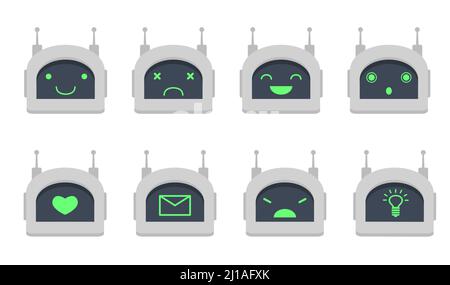Set di icone piatte della testa del chatbot. Cartoon carino avatar robot con diverse emoji e icone su faccia isolato vettore illustrazione raccolta. Computer Charact Illustrazione Vettoriale