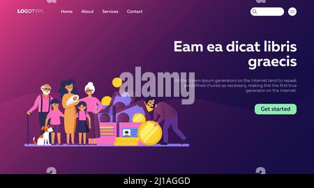 Uomo che risparmia denaro per la famiglia. Genitori, nonni e bambini in piedi a banconote e monete flat vettore illustrazione. Concetto bancario per banner, web Illustrazione Vettoriale