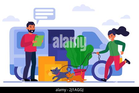 Corriere che parla con il cane che cammina donna. Illustrazione di flat vettoriale di case mobili, camion, scatole di cartone. Concetto di servizio di consegna per banner, design di siti web Illustrazione Vettoriale