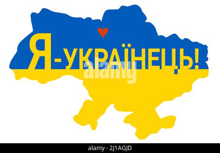 Sono ucraino - slogan in ucraino. Mappa dell'Ucraina in giallo e blu. Colore della bandiera Ucraina. Illustrazione vettoriale. Per design e decorazione Illustrazione Vettoriale