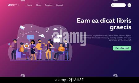 Le persone che comunicano tramite l'illustrazione vettoriale piatta dei social media. Team aziendale che utilizza telefoni cellulari, computer portatili, tablet per il networking e le chat. Cifra Illustrazione Vettoriale