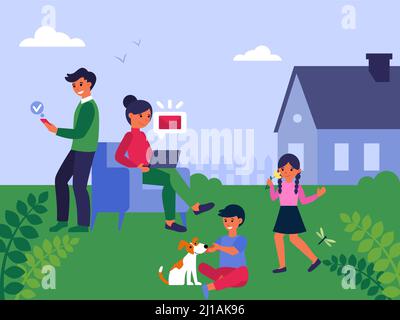 La famiglia trascorre il tempo libero insieme in giardino. Genitori, bambini, cane, utilizzando gadget flat vettore illustrazione. Comunicazione, lavorare a casa concetto per Illustrazione Vettoriale