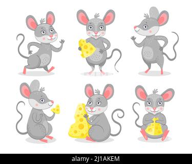 Set di icone piatte per i caratteri divertenti dei mouse. Carino felice mouse mangiare formaggio isolato vettore illustrazione raccolta. Concetto di mouse cartoon Illustrazione Vettoriale