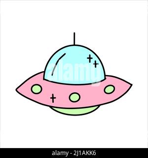 Piattino Vector Pink flying in stile piatto. Adesivo UFO in stile bambini. Illustrazione Vettoriale