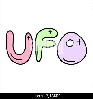 Vector Lettering UFO disegnato in uno stile piatto. Adesivo rosa per cometa. Illustrazione dello spazio per bambini. Illustrazione Vettoriale