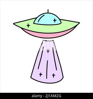Piattino Vector Green e Pink Flying in stile piatto. Adesivo UFO in stile bambini. Illustrazione Vettoriale