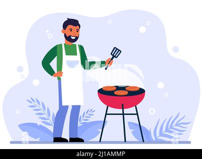 Happy man grigliare carne al barbecue, tenere la spatola, grigliare bistecche bollenti. Illustrazione vettoriale piatta per picnic, fine settimana, cucina, attività all'aperto, su Illustrazione Vettoriale