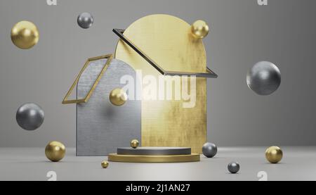 Sfondo astratto, effetto metallizzato modellare la geometria del podio per l'esposizione del prodotto. 3D illustrazione Foto Stock