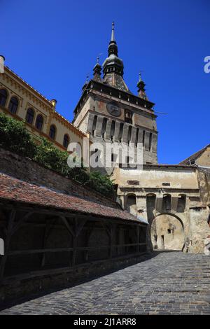 Der Stundturm, Turnul cu Ceas, Sighisoara, Schäßburg, Saxoburgum, im Kreis Mures in Siebenbürgen, Rumänien. Ihr Historisches Zentrum wurde 1999 zum Onu Foto Stock