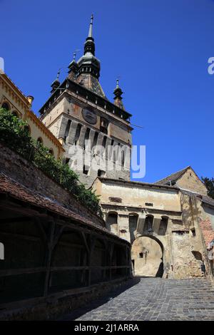 Der Stundturm, Turnul cu Ceas, Sighisoara, Schäßburg, Saxoburgum, im Kreis Mures in Siebenbürgen, Rumänien. Ihr Historisches Zentrum wurde 1999 zum Onu Foto Stock