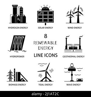 Collezione di icone di silhouette a energia rinnovabile. Diversi tipi di fonti di energia elettrica ecologica in simboli di stile piatto. Illustrazione Vettoriale
