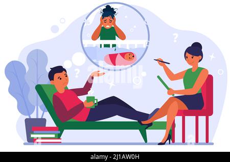 Uomo che parla con lo psicoterapeuta della depressione post-natale della moglie. Uomo in ufficio psichiatra flat vettore illustrazione. Concetto di depressione post-natale Illustrazione Vettoriale