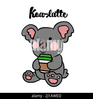 Koa-latte, Koala bere caffè cartoon illustrazione vettoriale Illustrazione Vettoriale