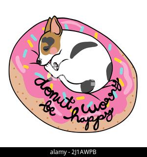 Ciambella si preoccupi sia felice, cute Jack Russell Terrier cane che dorme su cartone animato illustrazione vettoriale Illustrazione Vettoriale