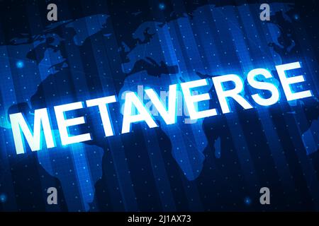 Moderna tecnologia metaverse concetto astratto sfondo con incandescente Typography. Sfondo tecnologico futuristico Foto Stock