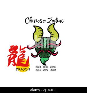 Drago cinese zodiaco con parola cinese significa drago cartoon illustrazione vettoriale Illustrazione Vettoriale