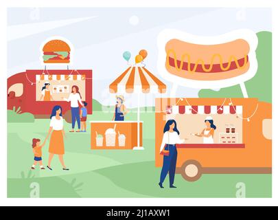 Persone che visitano la fiera del cibo di strada. Genitori e bambini che acquistano cibo veloce in camion all'aperto. Può essere utilizzato per festival di cibo estivo, concetto di parco eventi Illustrazione Vettoriale