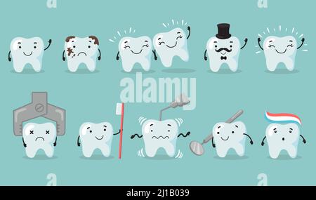 Set per la cura dei denti. Personaggio del cartone animato dentale che soffre di cavità. Denti lucidi tristi o felici, strumenti dentistici, spazzolino da denti, cura dentale. Illustrazione vettoriale piatta Illustrazione Vettoriale