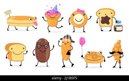 Insieme di icone piatte di vari personaggi divertenti del pane. Cartoon simpatico baguette, croissant, panini e pasticceria raccolta di illustrazioni vettoriali isolate. Brea Illustrazione Vettoriale