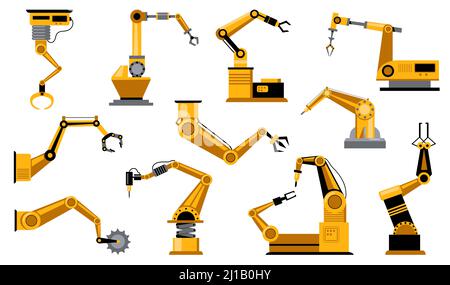 Vari robot di produzione armano set di icone piatte. Raccolta di illustrazioni vettoriali isolate con artigli robotizzati meccanici. Industria, scienza e automazione eq Illustrazione Vettoriale