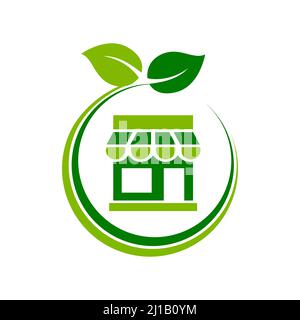 Icona verde di memorizzazione. Logo del negozio biologico con foglie. Prodotti naturali segno. Simbolo del mercato ECO. Ayurveda e ingredienti di erbe. Concetto di cibo vegano. Vettore Illustrazione Vettoriale