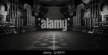 Neon Glow futuristico CryptoSpace Interior Crypto World disco futuro Argento Grigio astratto sfondo Alien futuristico concetto 3D Render Foto Stock