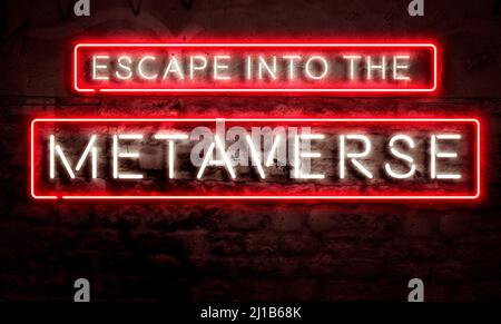 Metaverse Conceptual Virtual Reality Graphic Neon Sign on Brick Foto Stock