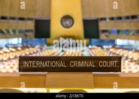 TRIBUNALE PENALE INTERNAZIONALE NELL'ASSEMBLEA GENERALE HALL DELL'ORGANIZZAZIONE DELLE NAZIONI UNITE CON SEDE A NEW YORK, PEACE IN THE WORLD, ONU, MIDTOWN MANHATTAN, NEW YORK CITY, NEW YORK, USA Foto Stock